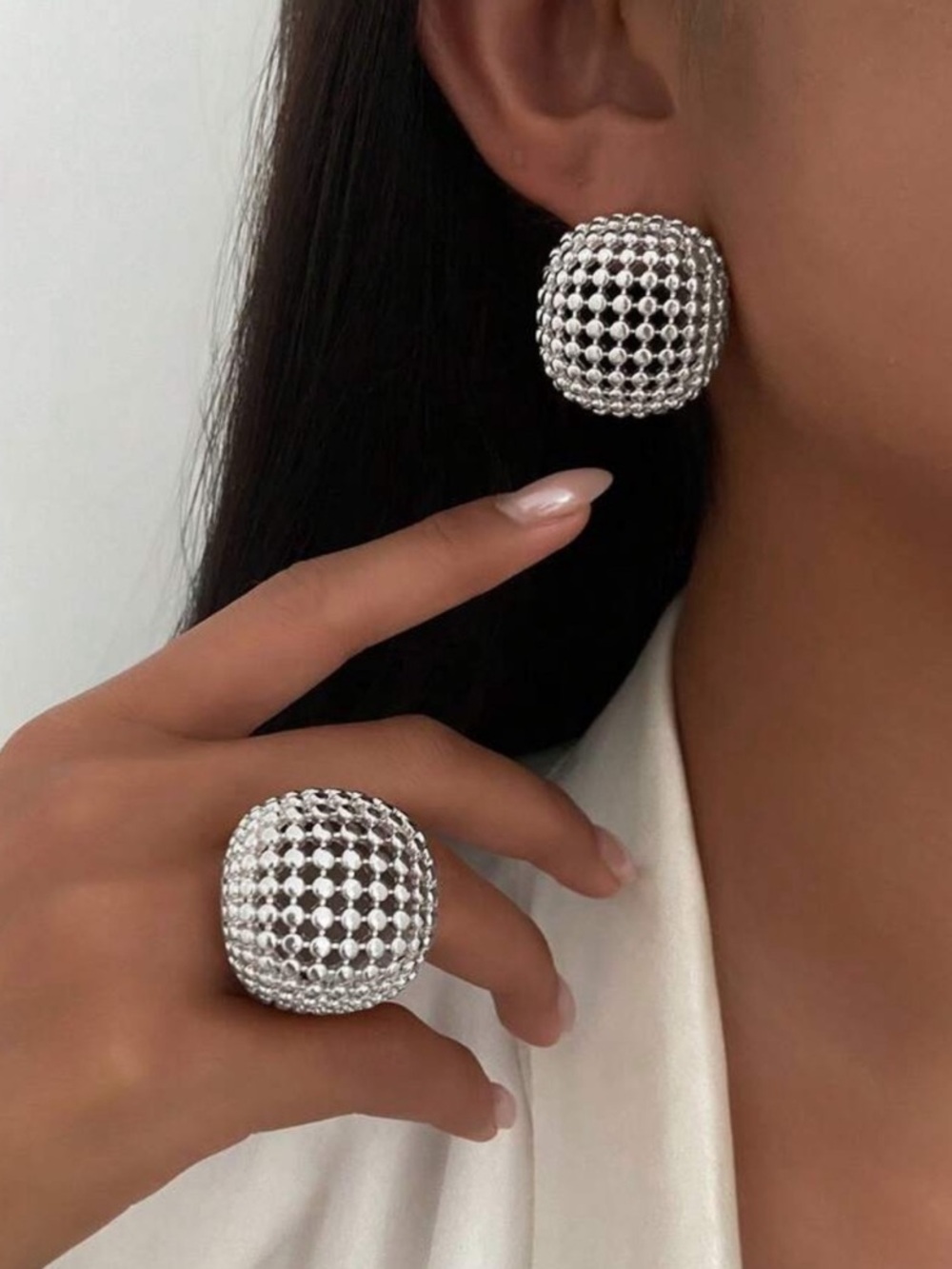 Modern Silver Beaded Dome Jewelry Set
